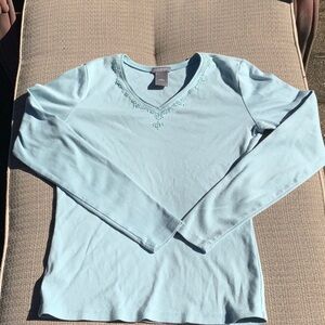 ANN TAYLOR 100% COTTON EMBELLISHED V-NECK LONG SLEEVE TOP, SIZE XS
